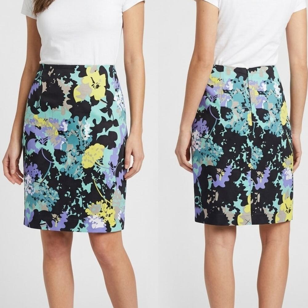 Worthington 8 Pencil Skirt Black Yellow Blue Green Floral Back Zipper